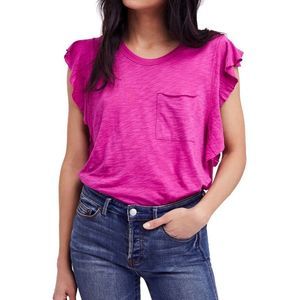 Free People So Easy Knit Tee NWT Ruffled Short Sleeves Pink Scoop Neck Fuchsia